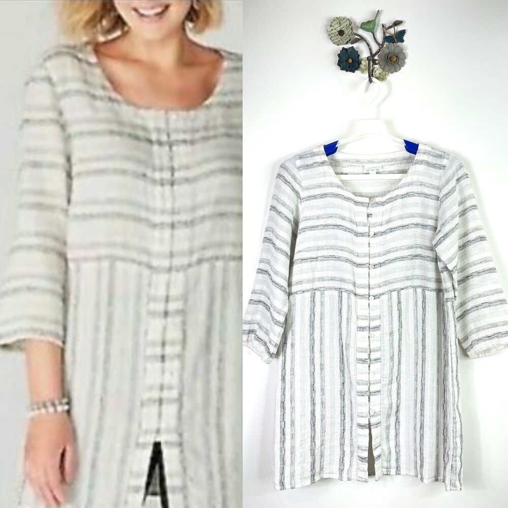J.Jill PureJill Cotton Linen White Black Grey Stripe Tunic Blouse Size Small